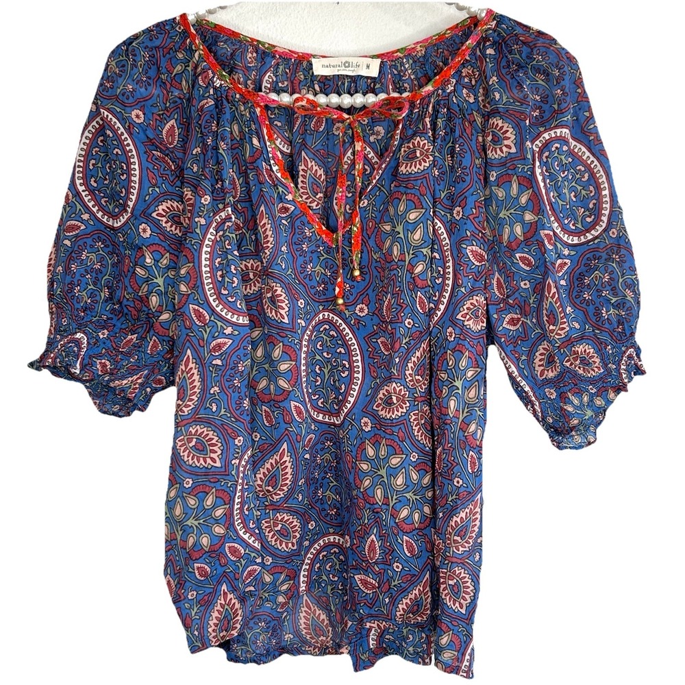 NATURAL LIFE Blue Paisley Peasant Blouse with Red Trim and Cream Accents